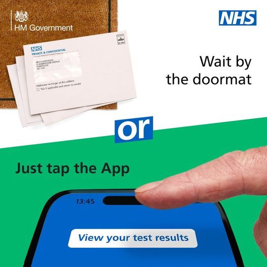 The NHS and HM Government logos, test result letters and the NHS app on a smartphone and the words Wait by the doormat or just tap the app