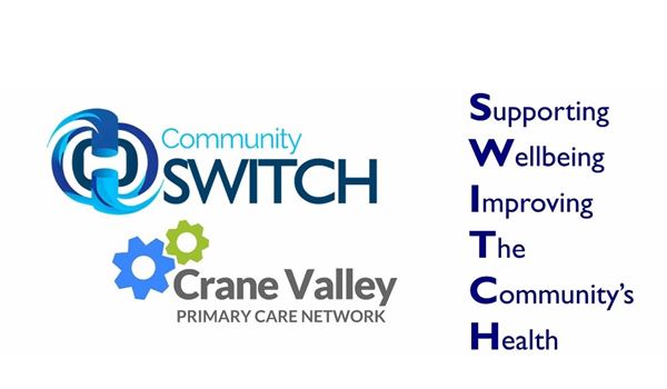 The Community SWITCH and Crane Valley PCN logos and the words Supporting Wellbeing Improving the Community's Health