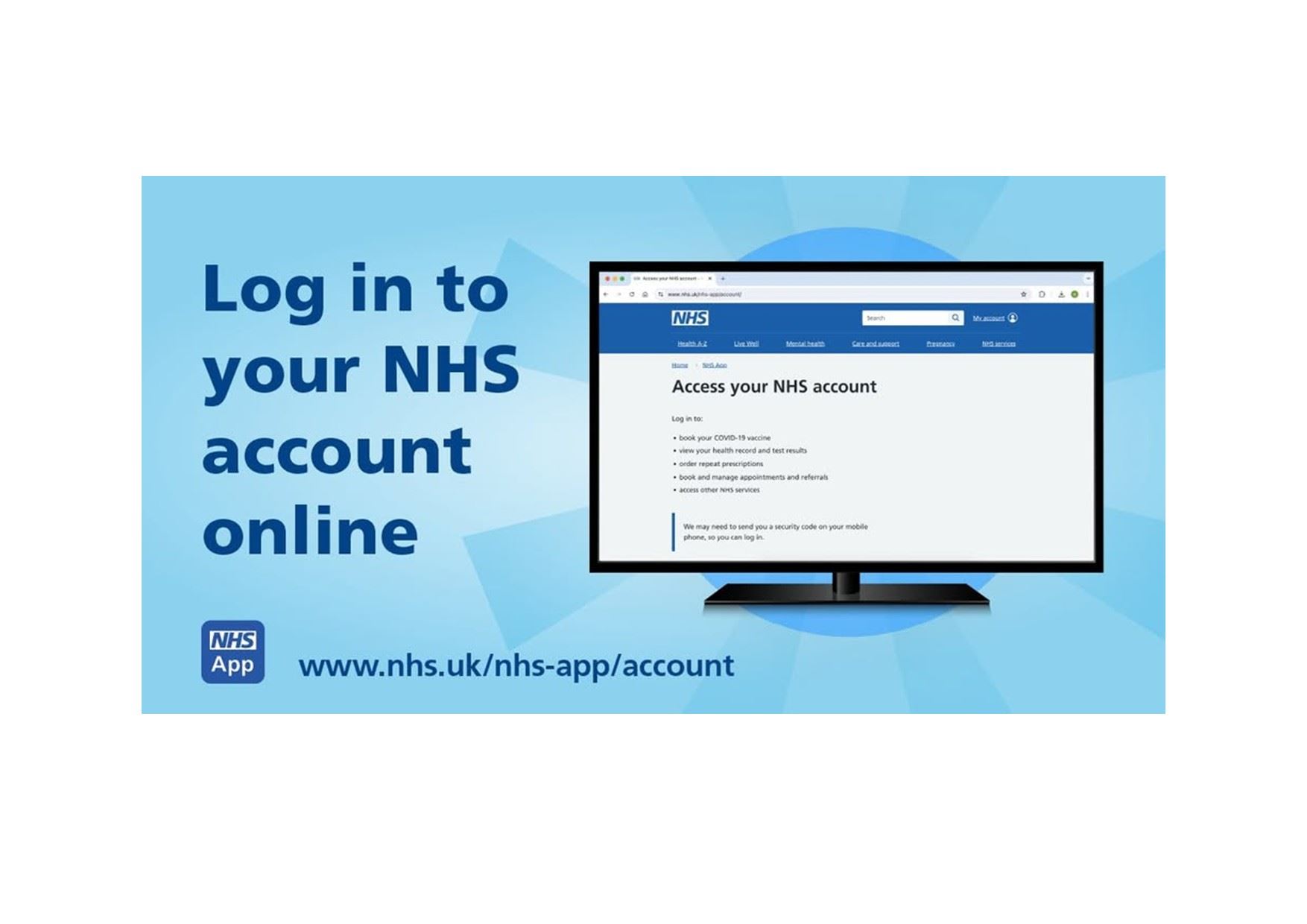 An image of a computer screens and the words Log in to your NHS account online