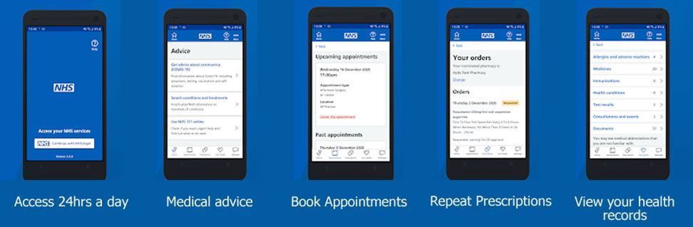 the NHS app on five smartphone screens with the words underneath:  Access 24 hrs a day, medical advise, book appointments, repeat prescriptions, view your health records