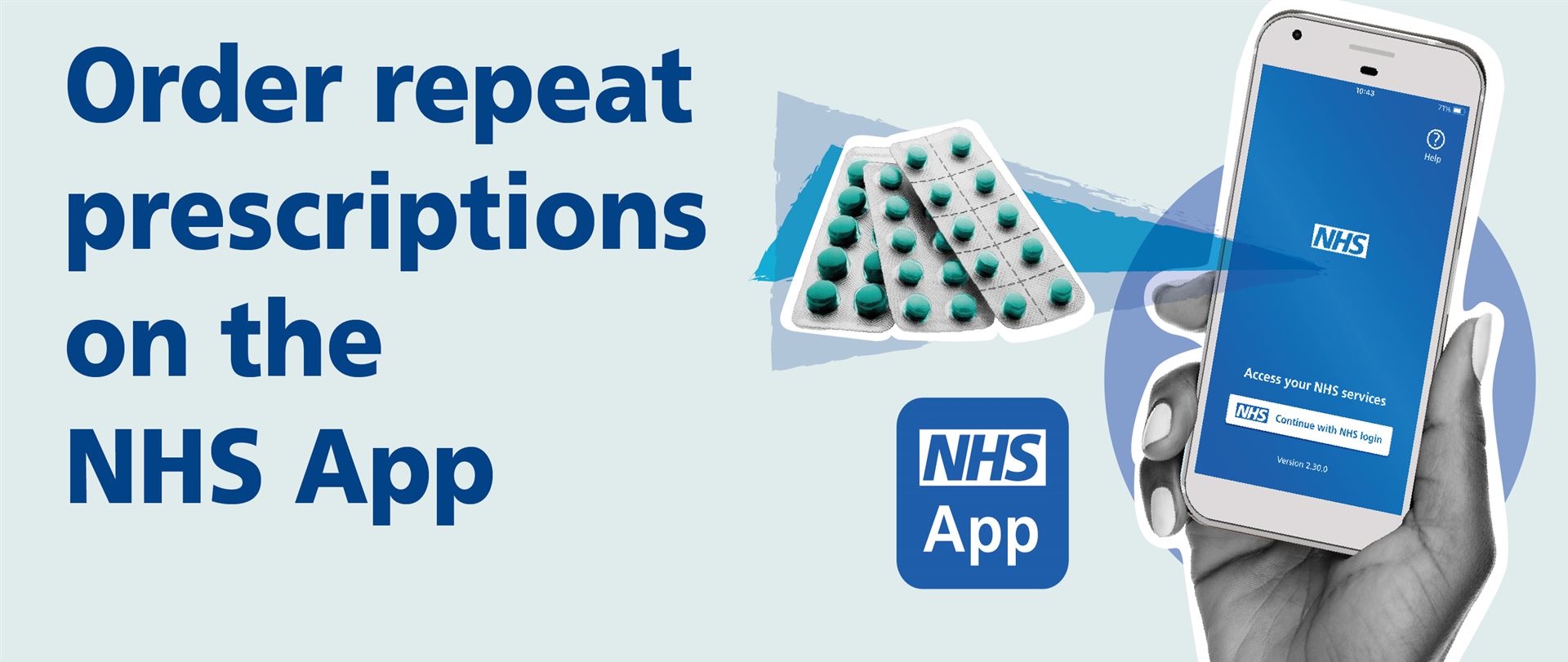 a personal holding a smartphone with the NHS app on it and the words Order repeat prescriptions on the NHS App