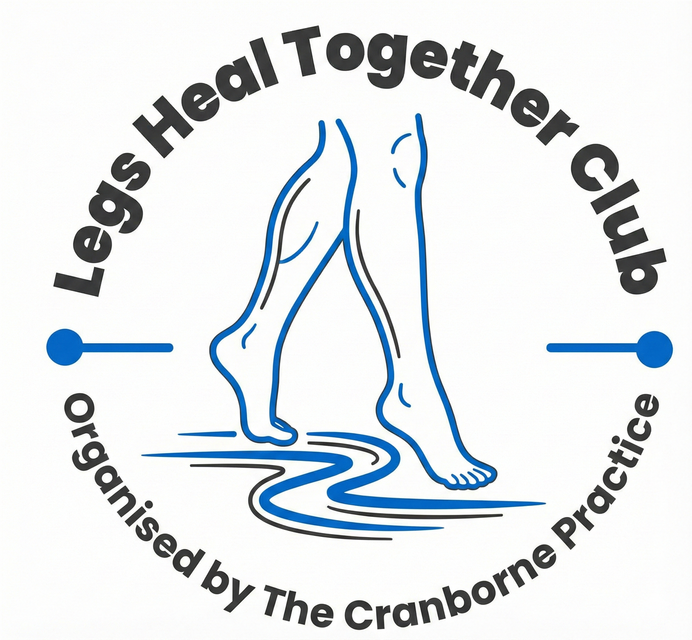 The club logo - a line drawing of legs and the words Legs Heal Together Club Organised by The Cranborne Practice encircling them
