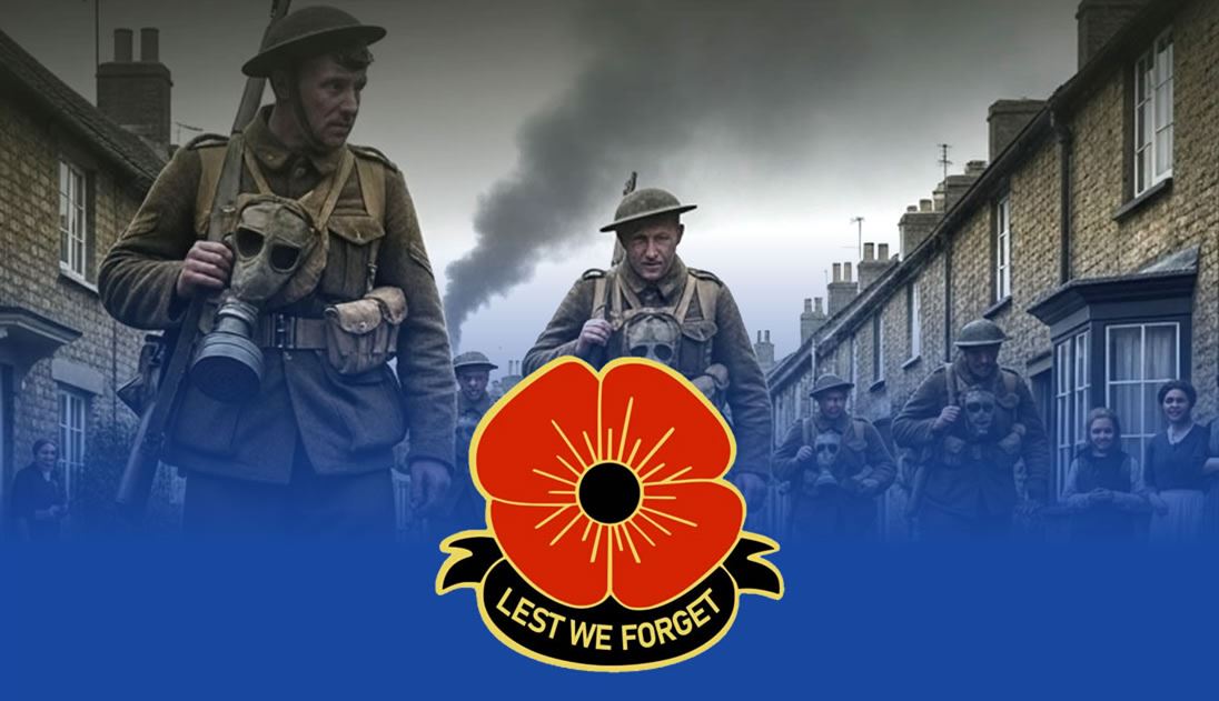 A black and white image of British soldiers and the image of a poppy with the words Lest We Forget underneath. 
