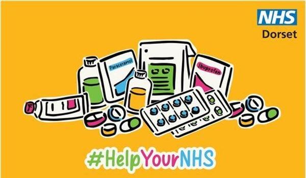 a cartoon image of medications, the NHS Dorset logo and the words #HelpYourNHS