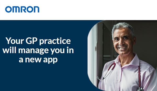 The OMRON logo, a smiling man and the words, Your GP practice will manage you in a new app