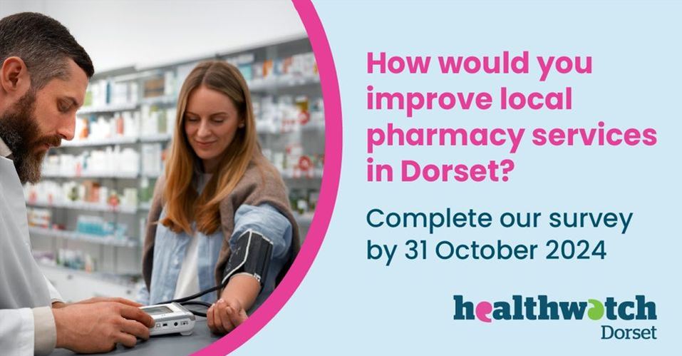 a pharmacist serving a customer and the words, How would you improve local pharmacy services in Dorset?  Complete our survey by 31 October and the Healthwatch Dorset logo. 