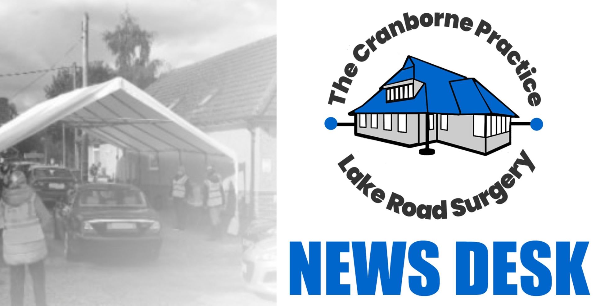 image depicts drive through vaccine clinic, the practice logo and the words news desk 